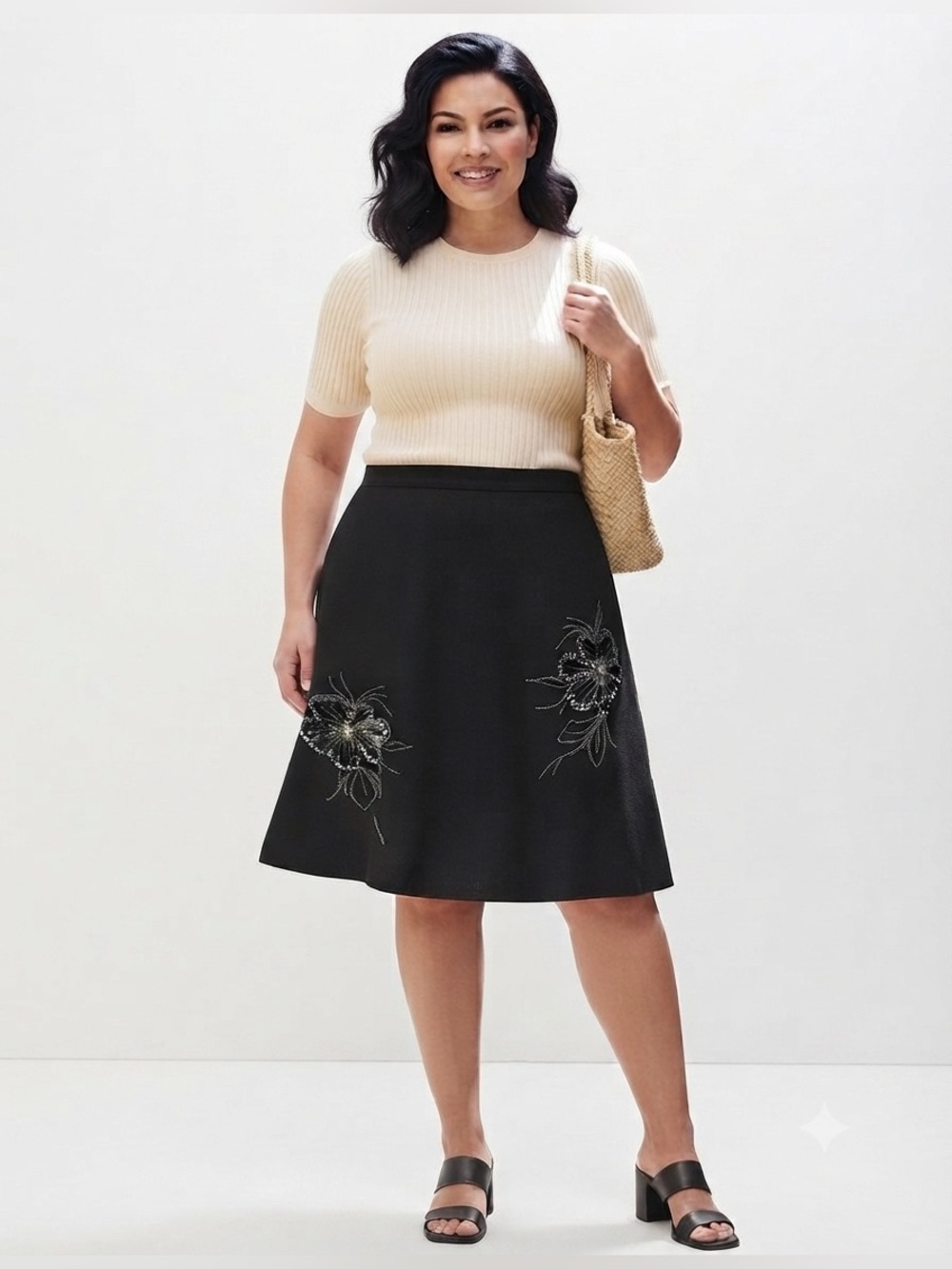 Luna Black Sweater Skirt Rhinestone Floral Design